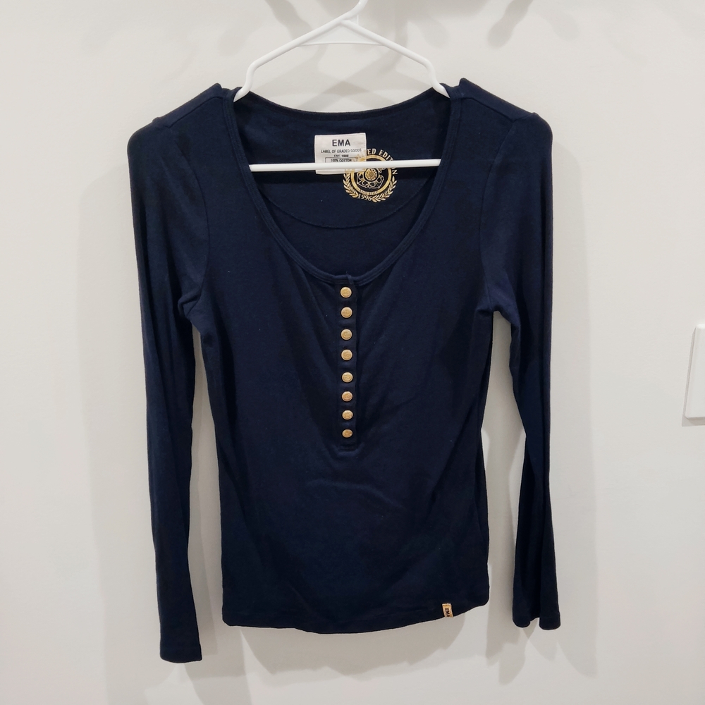 Navy Button-Accent Long Sleeve Top